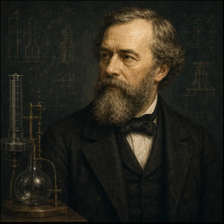 Стилизованное изображение Клода Пуйе с проводником, сечением провода, линейкой и электрической цепью