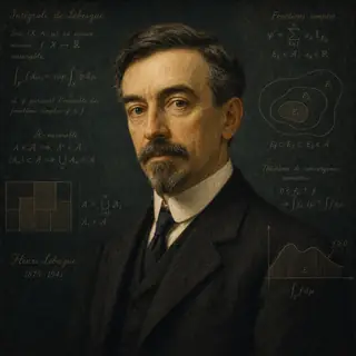 Стилизованный портрет: Анри Лебег. Фон и детали отсылают к области «математический анализ, теория меры, интегрирование» и к формулам, связанным с его научной традицией.